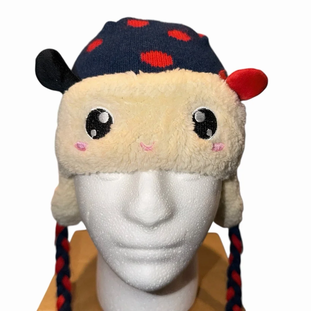 Girls Lady Bug Face Winter Knit Hat With Ear‎ Flaps Blue Red Beanie